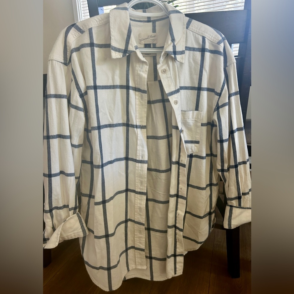 Oversized White and Blue Plaid Button-Up Shirt